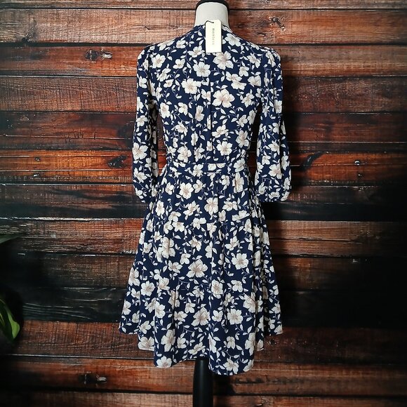 NWT Monteau Dress XS Belted Navy Blue Floral Fit & Flare - Picture 5 of 9